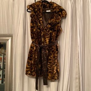 Calvin Klein leopard dress/ fur vest